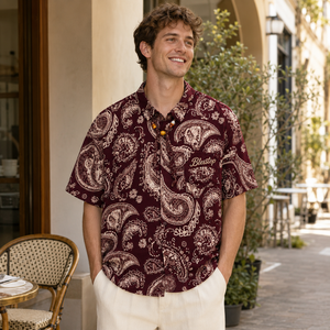 <span class=keywords><strong>Chemise</strong></span> Blesstop en tissu Paisley bordeaux <span class=keywords><strong>avec</strong></span> détail écharpe perlée, <span class=keywords><strong>chemise</strong></span> à logo brodé sur la poche pour <span class=keywords><strong>homme</strong></span>, tenue décontractée d'été - Product Image 1