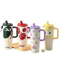 Bouteille d'eau isotherme portable en acier inoxydable 316 de 900 ml avec double paille et poignée, motif dessin animé
