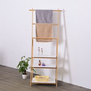 Factory Customized Bathroom Ladder Stand Folding <strong>Towel</strong> Rack Bathroom Shelves Wooden Organizers Rack with 3 Shelves &amp; <strong>Rails</strong> - Product Image 3