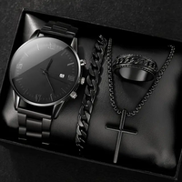Coffret Montre à Quartz Calendrier Échelle Romaine Business pour Hommes, Collier Croix, Bracelet et Bague