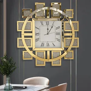 Lüks oturma odası ev dekor moda altın cam duvar saati tasarımcı benzersiz kristal kırık elmas arabesk yuvarlak 3d duvar saati