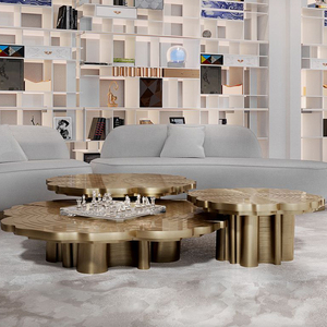 Juego de Mesa de Centro Dorada, Mesas Nido Modernas de Lujo, Combinación Alta y Baja, Mesa de Centro Redonda con Grabado Artístico para Sala de Estar - Product Image 3