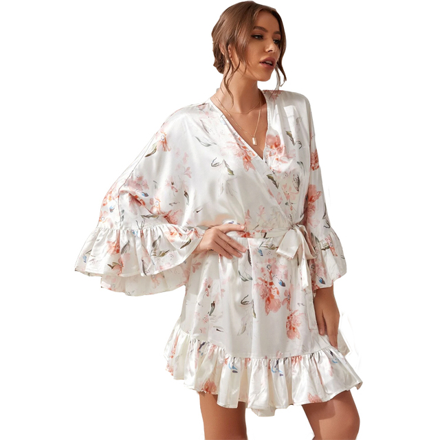 Custom Party Bridesmaid Ruffles Satin Robe Floral Print Women Kimono Silk Robes