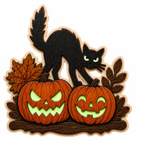 Nouvelle Décoration de Porte d'Halloween 2026 en Bois Double Couche - Ornement Suspendu Chat Noir et Citrouille Phosphorescents pour Entrée Principale