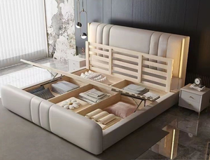 Cama Moderna de Lujo con Luces LED para Hotel o Villa, con Almacenamiento Suave, Tapizada en Tela Giratoria, con Estructura de Madera - Product Image 5