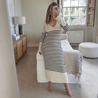 Vente en gros de robes en tricot élégantes et décontractées pour femmes, de haute qualité, à col en V, à rayures contrastées, coupe ajustée