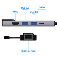 Hub USB 3.0 5 in 1 Tipe C ke HDTV dari Aluminium Alloy, Portabel, dengan RJ45 dan PD Docking Station untuk MacBook Pro Air, Laris Terjual