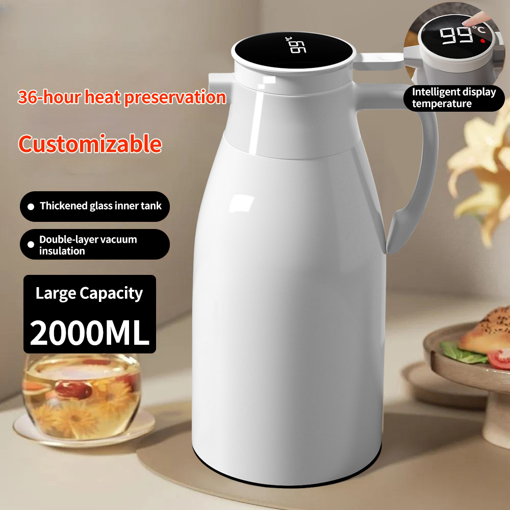Modern 2L Large Capacity Smart Drinkware Digital Display Vacuum Thermos Kettle 24-36 Hours Thermal Insulation Food-grade Glass