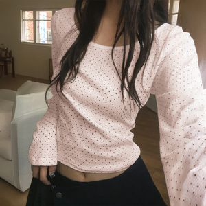 T-<span class=keywords><strong>shirt</strong></span> décontracté pour <span class=keywords><strong>femme</strong></span>, respirant, à séchage rapide, tricoté, coupe ajustée, manches longues, à pois - Product Image 1