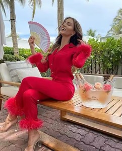 Camicia e pantaloni di raso bianco in piuma vestito Lingerie foto sposa pigiami da notte Homewear 2 pz pigiama da donna Set seta - Product Image 2