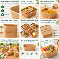Bol à salade carré en papier kraft jetable avec impression de logo personnalisé, emballage alimentaire, conteneur pour plats à emporter, déjeuner, collation, restauration avec couvercle