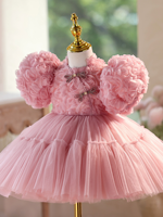 Robe de demoiselle d'honneur rose de luxe à fleurs 3D, manches bouffantes, robe de princesse tutu pour mariage, fête, Vestidos, 2-12 ans, OEM