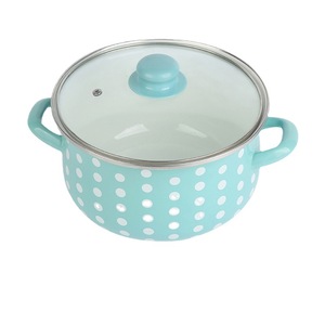 Enamel Soup <b>Pot</b> With Lid 1.1L-2L <b>Induction</b> Compatible Double Handles Polka Dot Design - Product Image 1