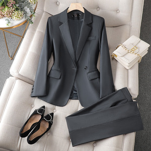 Grey Women's Suit Set Full Sleeve Satin Anti-Wrinkle Formal Business Autumn Elegant - Product Image 1