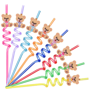Top Seller Custom Logo Colored PVC Straw Set Bear Festival Design Reusable Drinking Straws Cleaning Promotional Party Supplies