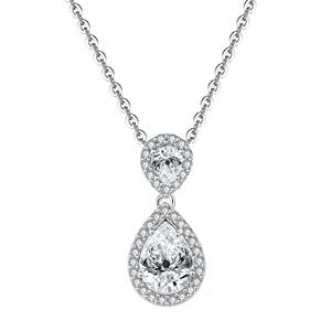 Vintage Shiny Luxury 925 Sterling Silver Water Drop Pendant Necklaces White Gold Pear CZ Wedding Necklace