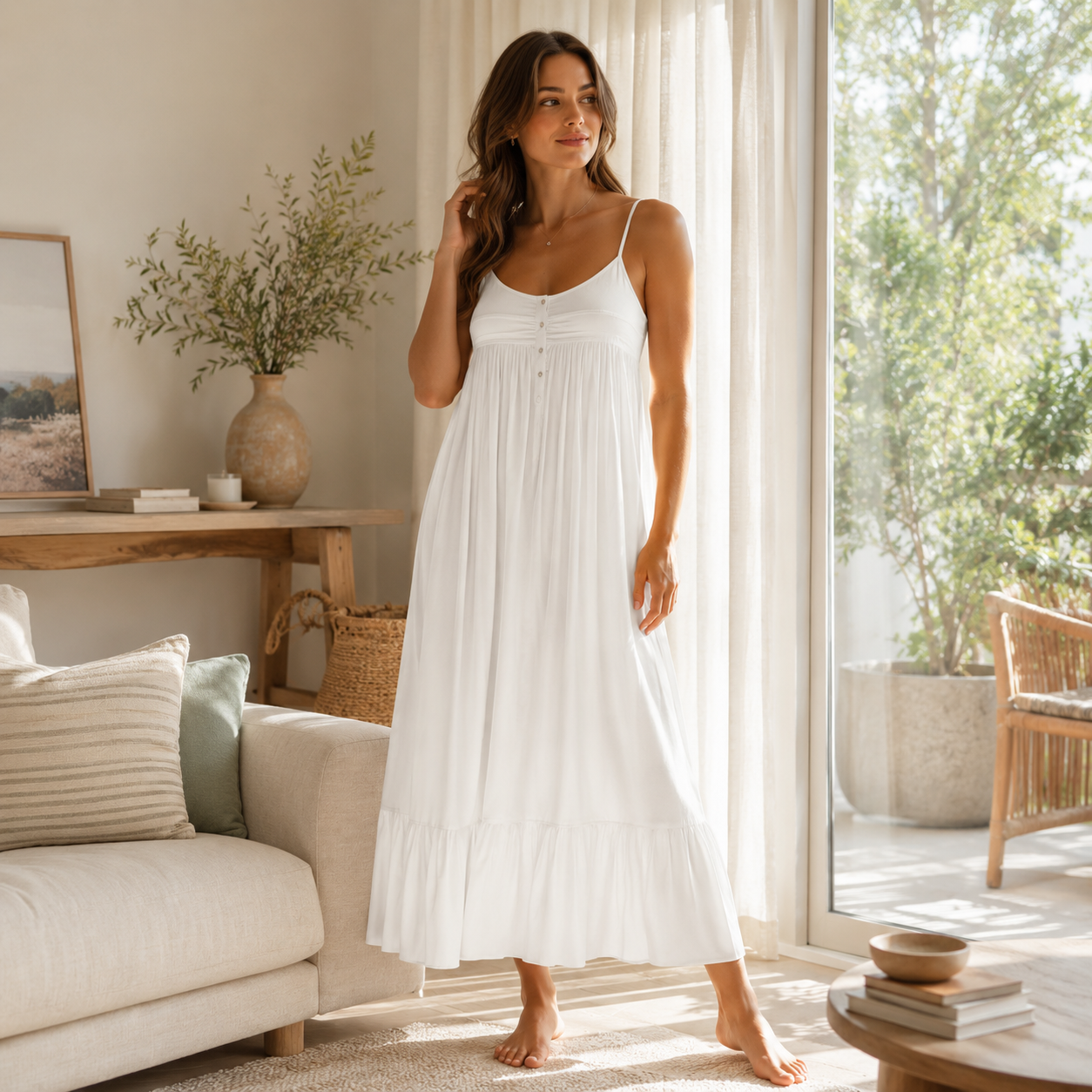 ladies night dress long Women's Cotton Victorian Nightgown with Pockets, Emily Long Sleeve Lace Trimmed Button Up Long Night Dress, White / Large