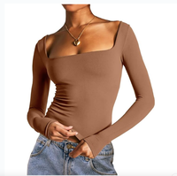 T-shirts élégants pour femmes à col carré, en maille côtelée, manches longues, coupe ajustée, basiques, pour le quotidien, le bureau ou la ville, supportant la personnalisation OEM