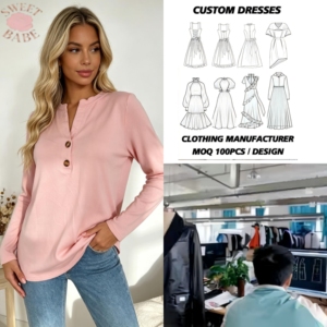 Oferta Especial: Top Casual para Mujer con Cuello Henley Rosa, Manga Larga, Decoración de Botones y Dobladillo Curvo para Uso Diario - Product Image 1