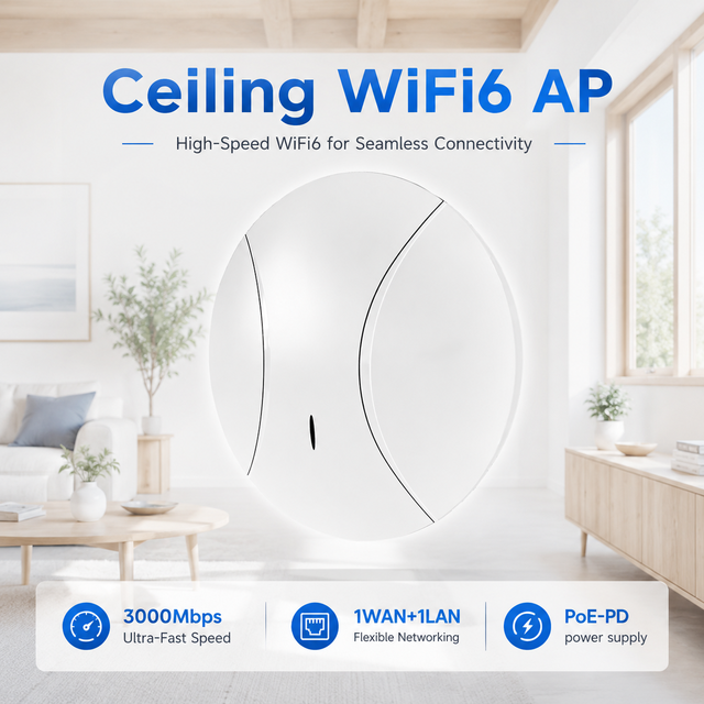 Enterprise Grade Ceiling Wireless AP 1WAN+1LAN 3000Mbps Access Points Wireless AP POE 2.4g 5.8g Gigabit Hotel WiFi 6 Ceiling AP