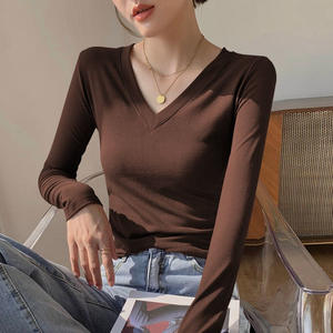 Camiseta de Manga Larga con Cuello en V de Algodón Puro para Mujer CW260, Nueva Camiseta de Otoño, Ajustada, Corta, de Punto, Interior, Dulce, Talla Grande - Product Image 4