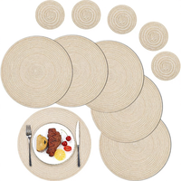 Ensemble de 6 sets de table et sous-verres ronds en tissu tressé solide, écologiques, résistants à la chaleur, lavables, pour table à manger