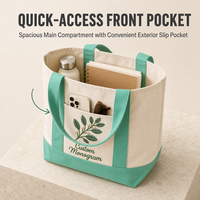 Sac fourre-tout en toile personnalisé brodé de fleurs avec poche avant, sac de plage en coton monogrammé pour la plage, le shopping et les voyages