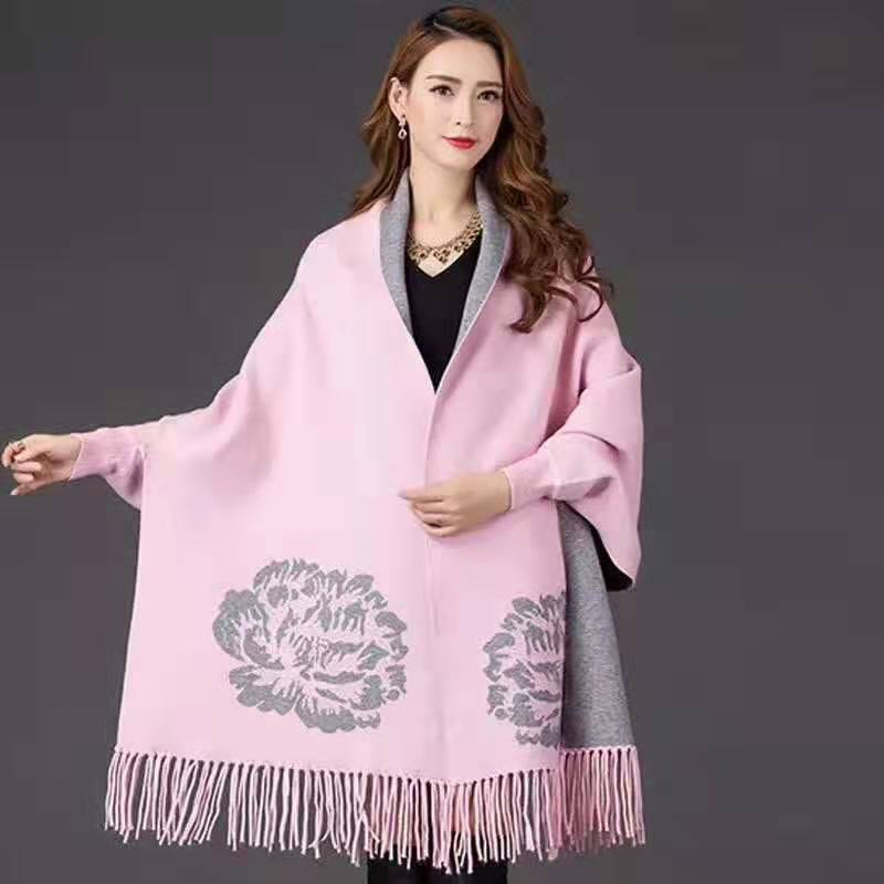 Женский шерстяной шарф в этническом стиле, длинный большой цветочный шарф с рукавами для осени и зимы