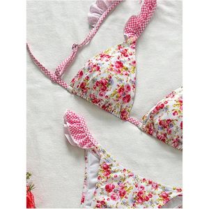 Women Floral <b>String</b> <b>Bikini</b> Set Spaghetti Strap Ruffle 2 Piece Swimsuit Cheeky Bathing Suit - Product Image 5