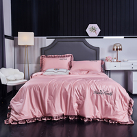 Nouvelle collection Printemps 2025 : Parure de lit 4 pièces en soie lavée, rose uni, avec housse de couette et couvre-lit à motifs floraux et dessins animés