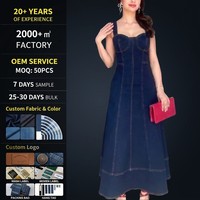 Robe longue en jean bleu foncé élégante sur mesure, style corset, avec surpiqûres contrastantes, coupe évasée, vente en gros OEM/ODM