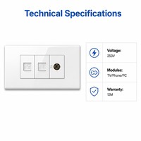 Placa de pared multimedia de montaje oculto Kolani 120 de triple módulo, con tomas Cat6 LAN + Teléfono + TV, panel de PC blanco brillante para audio y video