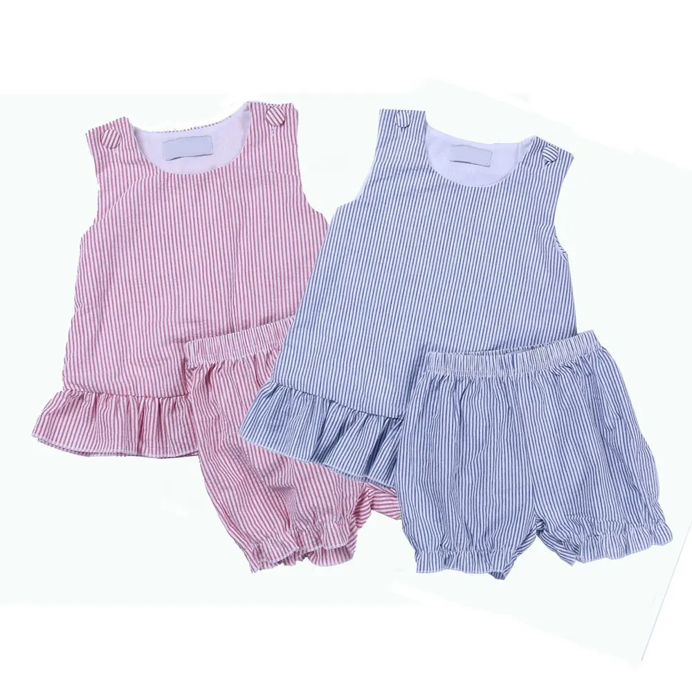 2 peças vestido bloomer 100% algodão seersucker forrado roupa infantil moda bonito conjunto de roupas das meninas do bebê