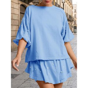 Ensemble de salon d'été pour femmes, 2 pièces, décor perlé, haut à manches courtes bouffantes, jupe-short décontractée - Product Image 2