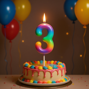 Bougie d'anniversaire numéro 3 Party Love, 6 cm, couleur arc-en-ciel, décoration de gâteau - Product Image 1