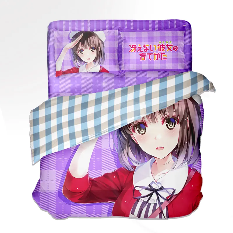 Venta al por mayor 100% algodón Linne multicolor 3D impresión satén lujo 4 piezas Anime personalizado ropa de cama juego de sábanas con funda de almohada