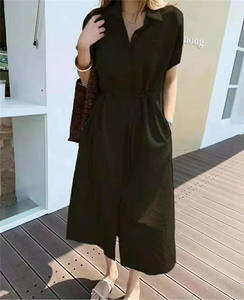 تخفيضات هائلة فستان كتاني سادة كوري للسيدات قطعة واحدة بفتحة رقبة بولو قصير الأكمام قطن طويل تيشيرت ميدي فساتين نسائية - Product Image 6