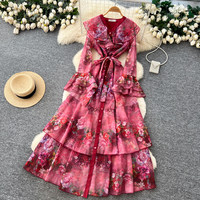 Robe décontractée pour femme WIWT à imprimé floral, manches longues à volants, coupe trapèze, élégante, avec ceinture et ourlet superposé, idéale pour les fêtes