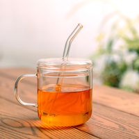 Gobelet en verre de 350 ml avec couvercle et paille, tasse à café en verre transparent résistant à la chaleur