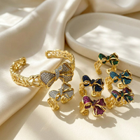 Ensemble bague et bracelet plaqué or 18 carats, nœud papillon sculpté en 3D, ajouré, maille ajourée, bleu ciel aqua radiant, pour femme, idéal pour les banquets