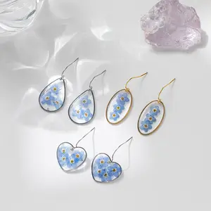 Water drop heart oval shape Romantic real dried pressed flower blue forget me not Handmade Wedding Silver Flower Earring