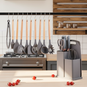 طقم أدوات مطبخ من السيليكون مكون من 19 قطعة، مقاوم للحرارة وغير لاصق، مع صندوق حامل - Product Image 5