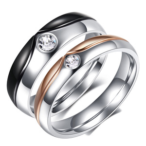 Stainless Steel <b>Couple</b> <b>Rings</b> 4.6mm With Diamonds Bezel Setting For Valentine's Day Unisex Jewelry - Product Image 1