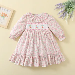 Pink Fragmented floral full print ruffled edges rustic style heavy industry embroidery smock elegant holiday dress children girl