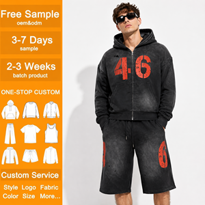 Conjunto de Sudadera con Capucha y Pantalones Cortos de Forro Polar Grueso, Estilo Holgado, con Cierre Completo, Ropa Deportiva Urbana con Pedrería para Hombre - Product Image 1