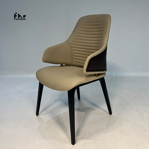 Modern Khaki PU Leather <b>Dining</b> Armchair Black Metal Legs Ribbed Back Upholstered <b>Chair</b> for Restaurant Hotel - Product Image 3