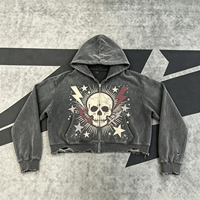Sweat à capuche zippé gris délavé effet vieilli, style streetwear, avec motif tête de mort, pour homme et unisexe, lot en gros