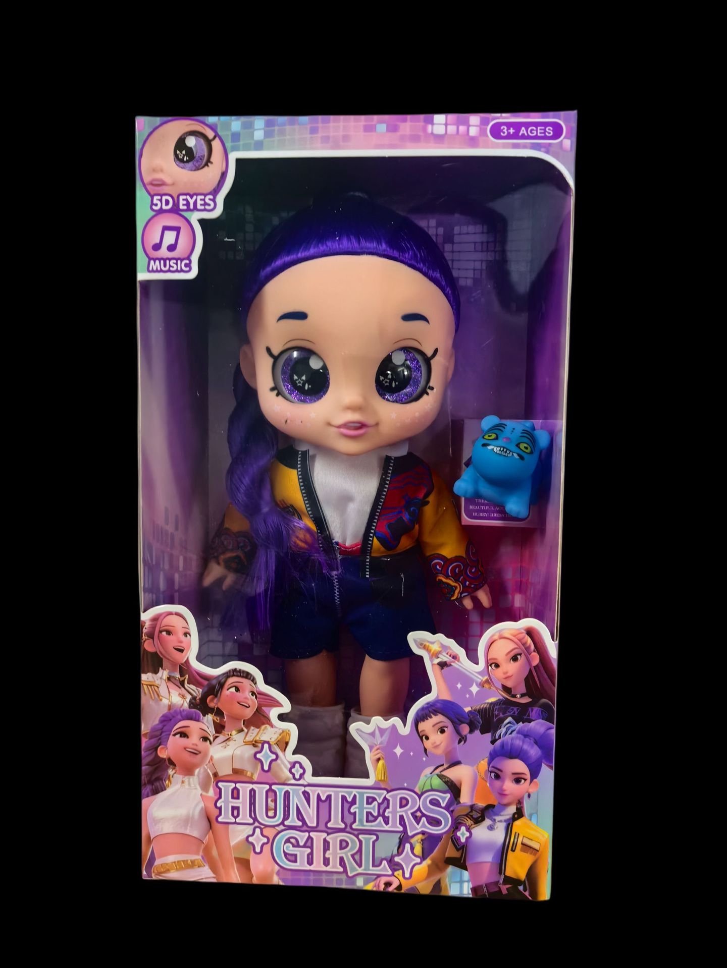 Muñeca de vinilo musical 5D con ojos, ropa de color y pelo morado.