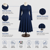 Robe midi femme en viscose tricotée opaque 300 GSM, coupe évasée, col Peter Pan, manches longues, grande taille, hiver, logo personnalisé OEM