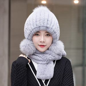 Berretto invernale da <span class=keywords><strong>donna</strong></span> in pelliccia di coniglio lavorato a maglia <span class=keywords><strong>e</strong></span> <span class=keywords><strong>sciarpa</strong></span> lunga comodo cappello <span class=keywords><strong>e</strong></span> <span class=keywords><strong>sciarpa</strong></span> da guanto - Product Image 2